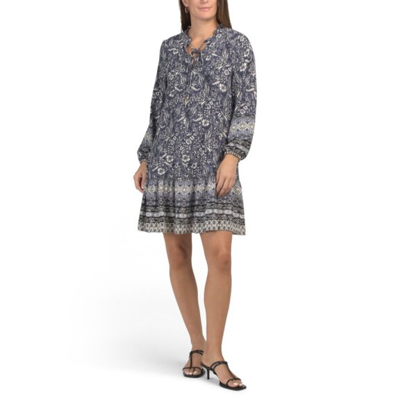 RACHEL ZOE Chambray Long Sleeve Ruffle Neck Keyhole Mini Dress - Picture 1 of 2